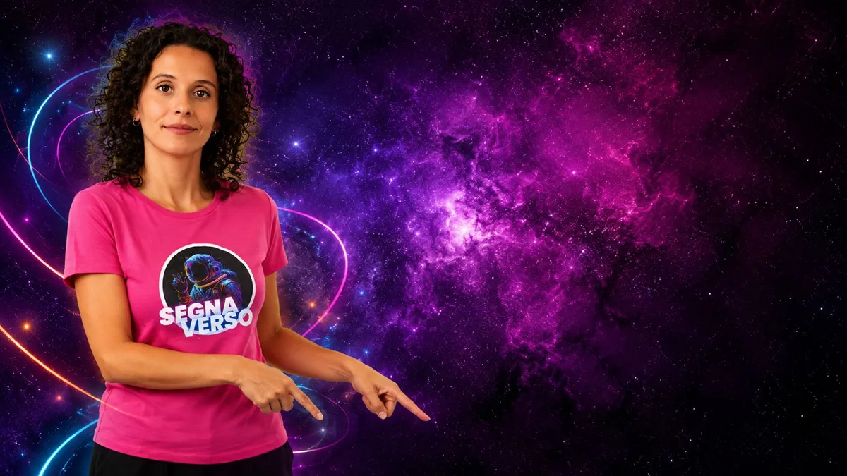 Una docente di SegnaVerso con la maglia rosa «SegnaVerso» indica con entrambe le mani verso il basso, presentando il corso base di LIS di primo livello online in diretta; alla sua destra una nebulosa viola.