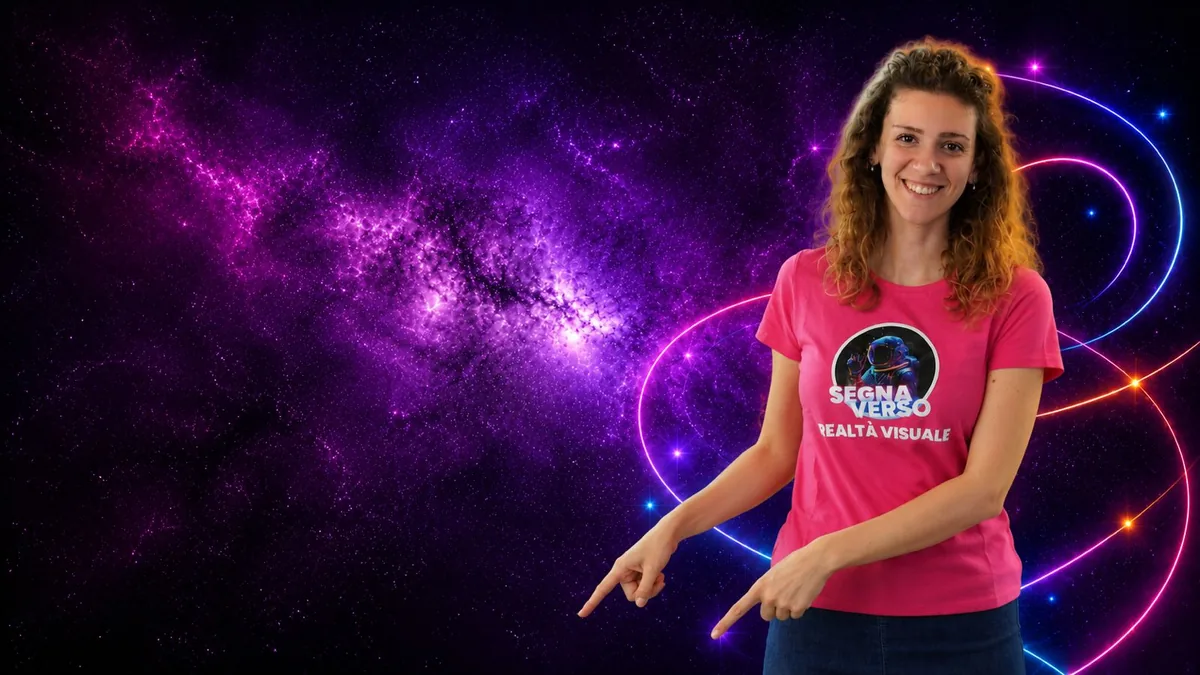 Una docente di SegnaVerso sorridente, con la maglia rosa «SegnaVerso — Realtà Visuale», indica verso il basso presentando il corso intermedio di LIS di secondo livello online; la nebulosa viola occupa il lato sinistro.