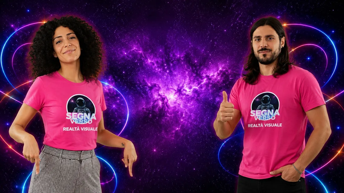 Due docenti di SegnaVerso con la maglia rosa «SegnaVerso — Realtà Visuale» indicano verso il basso per presentare il corso asincrono di sensibilizzazione alla LIS, su fondo di nebulosa viola.